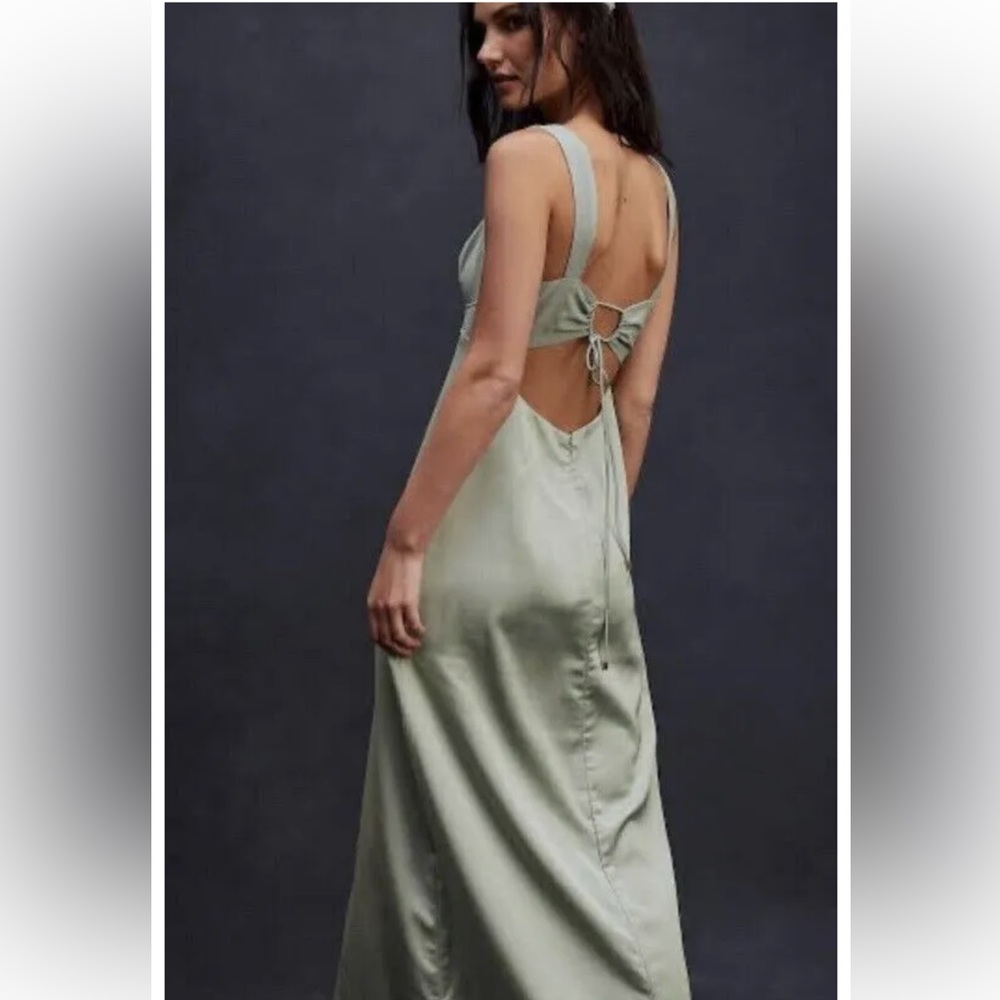 Free People Gia Green Satin Bodice Maxi Slinky Tie Back Slip Dress NWT size 2 - Picture 2 of 11